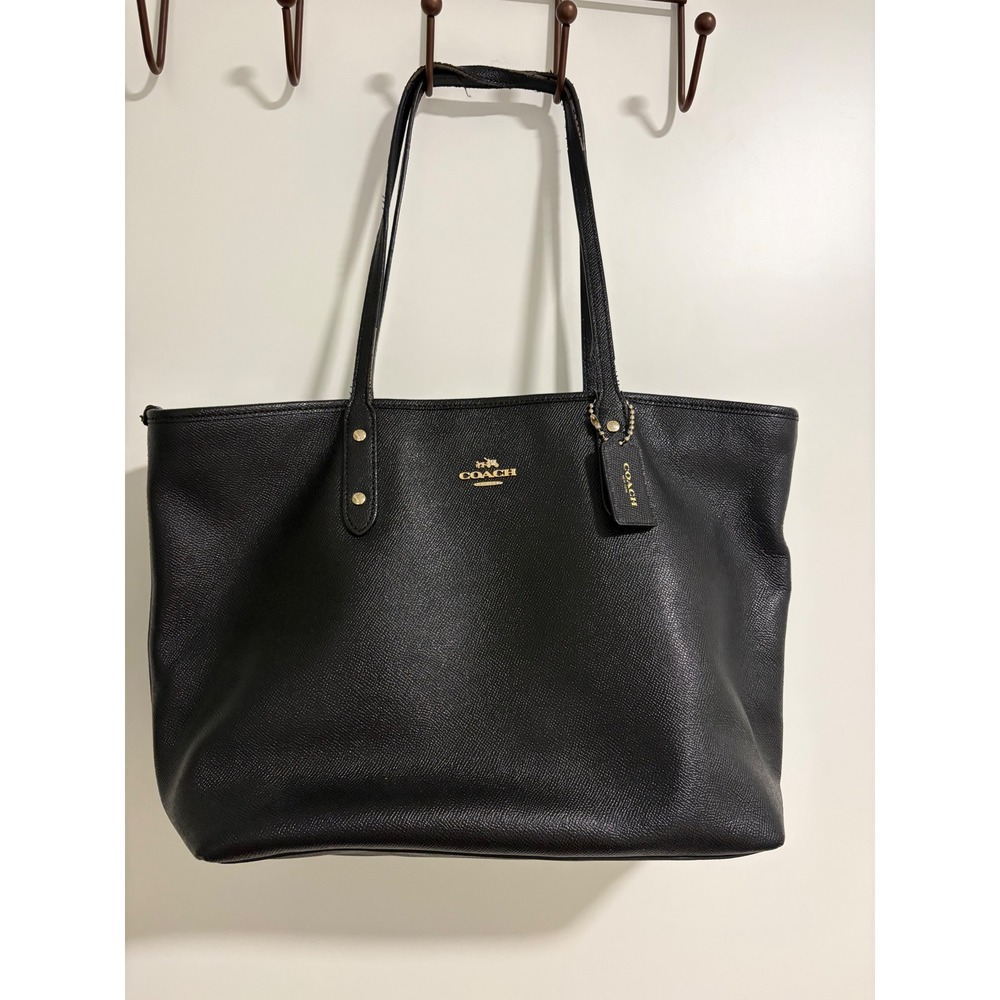 Coach City Tote Black Crossgrain Leather Zip Top Shoulder Bag F58846